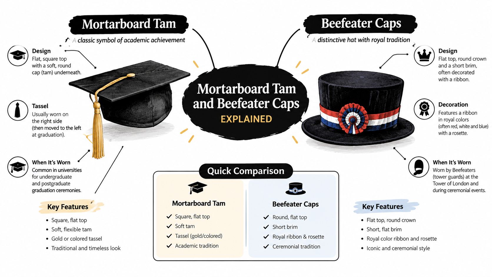A comparison infographic detailing the features and uses of mortarboard tam graduation caps and Beefeater caps.