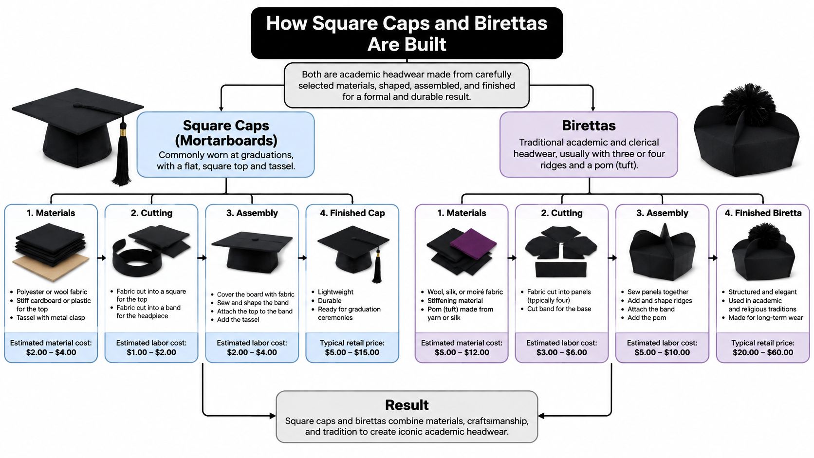An infographic detailing the manufacturing process and cost breakdown for square caps and academic birettas.