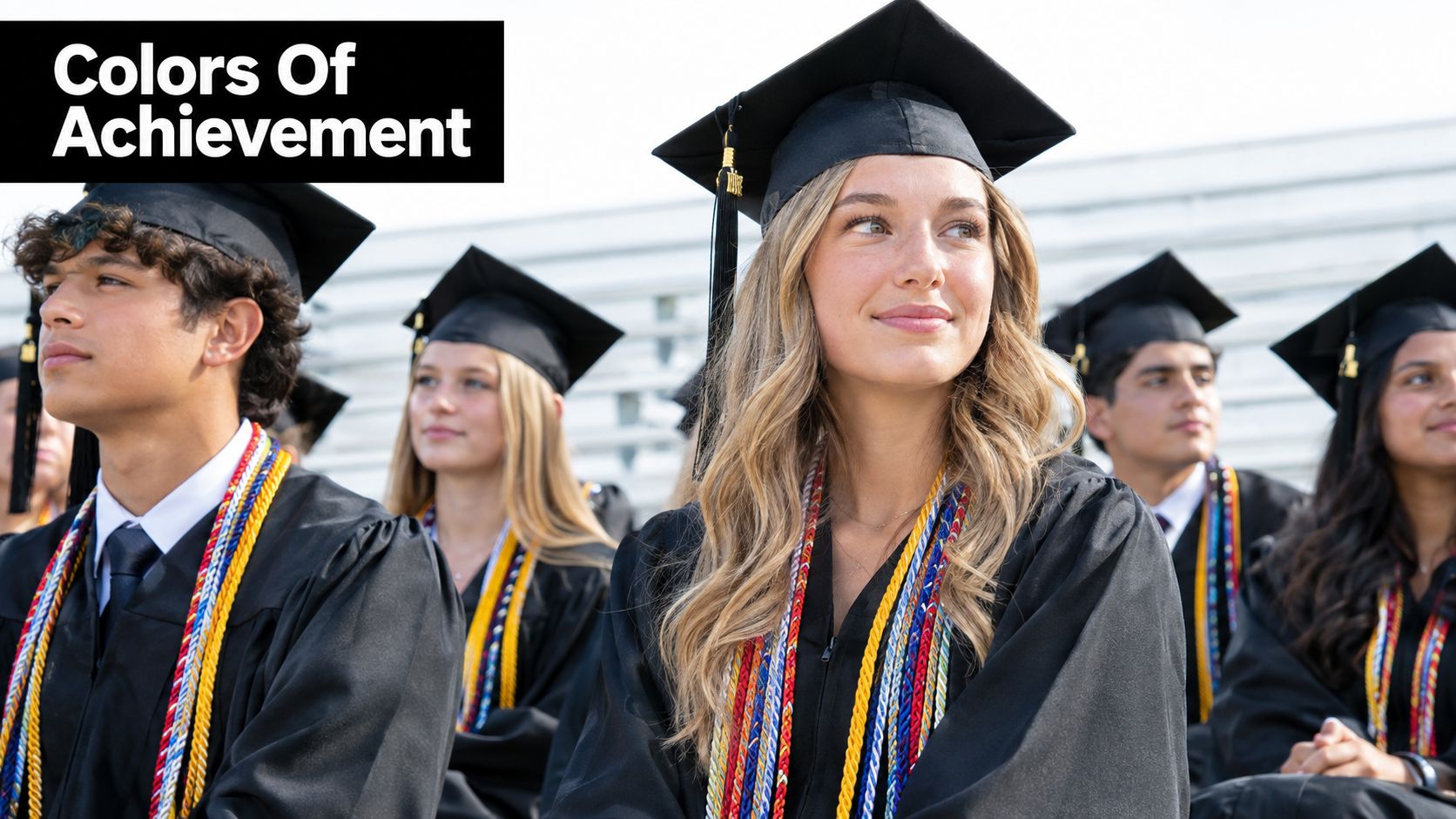 A group of happy high school graduates wearing caps, gowns, and colorful achievement cords at a ceremony.