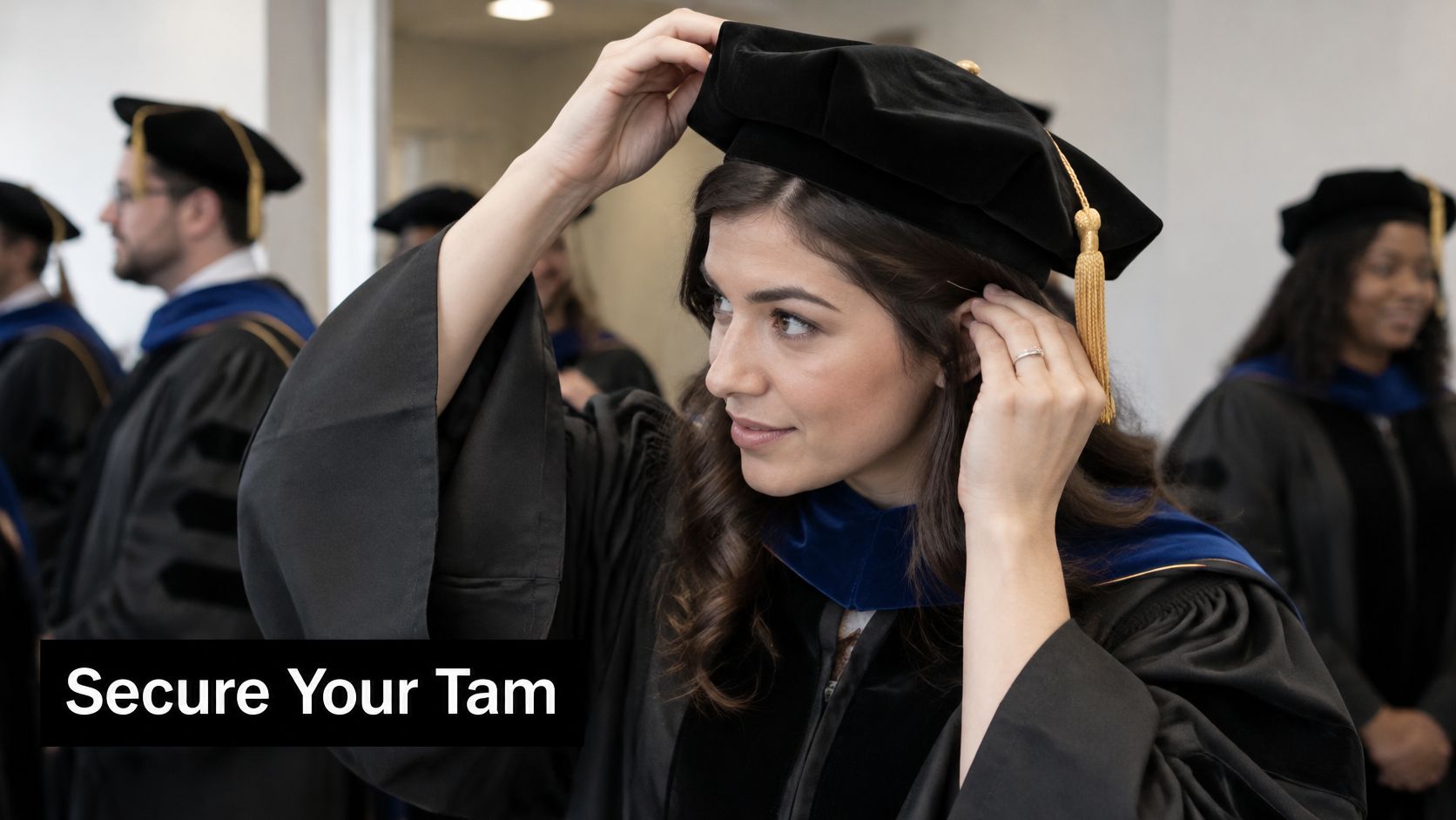 A smiling woman adjusting her velvet doctoral tam cap before a graduation ceremony with peers in background.