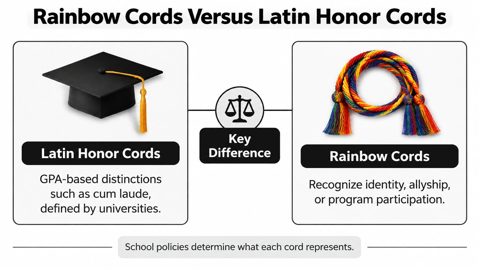 A comparison chart showing the differences between Latin Honor Cords and Rainbow Cords for graduation ceremonies.