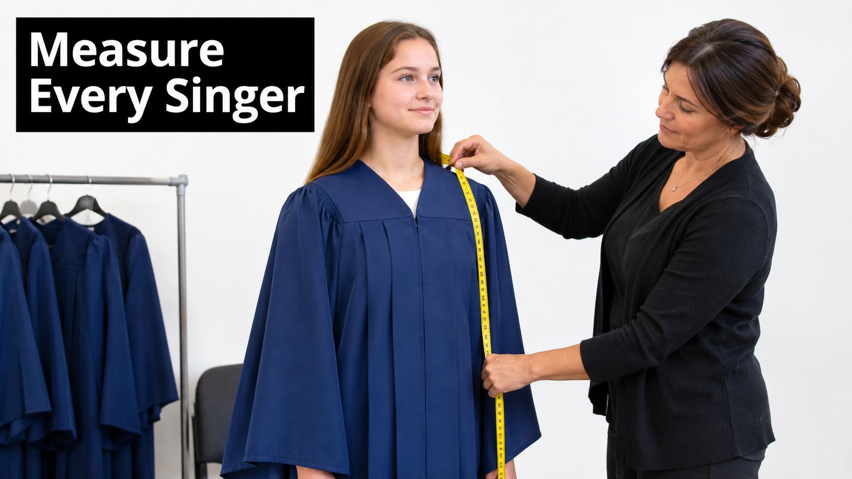 A professional tailor measures a young singer wearing a blue choir robe for proper sizing.