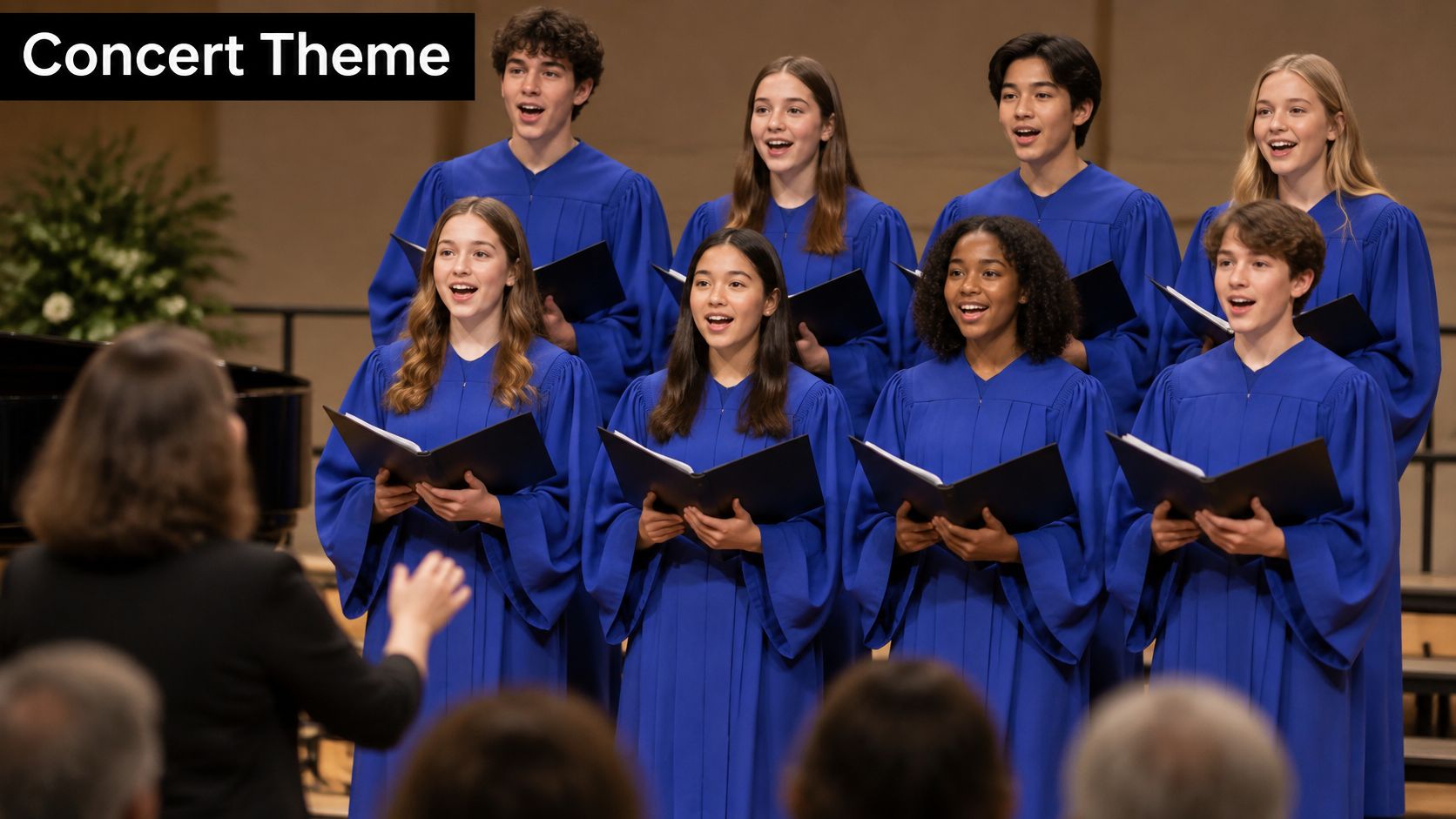 A diverse group of students in blue robes performing in a youth choir under a conductor.