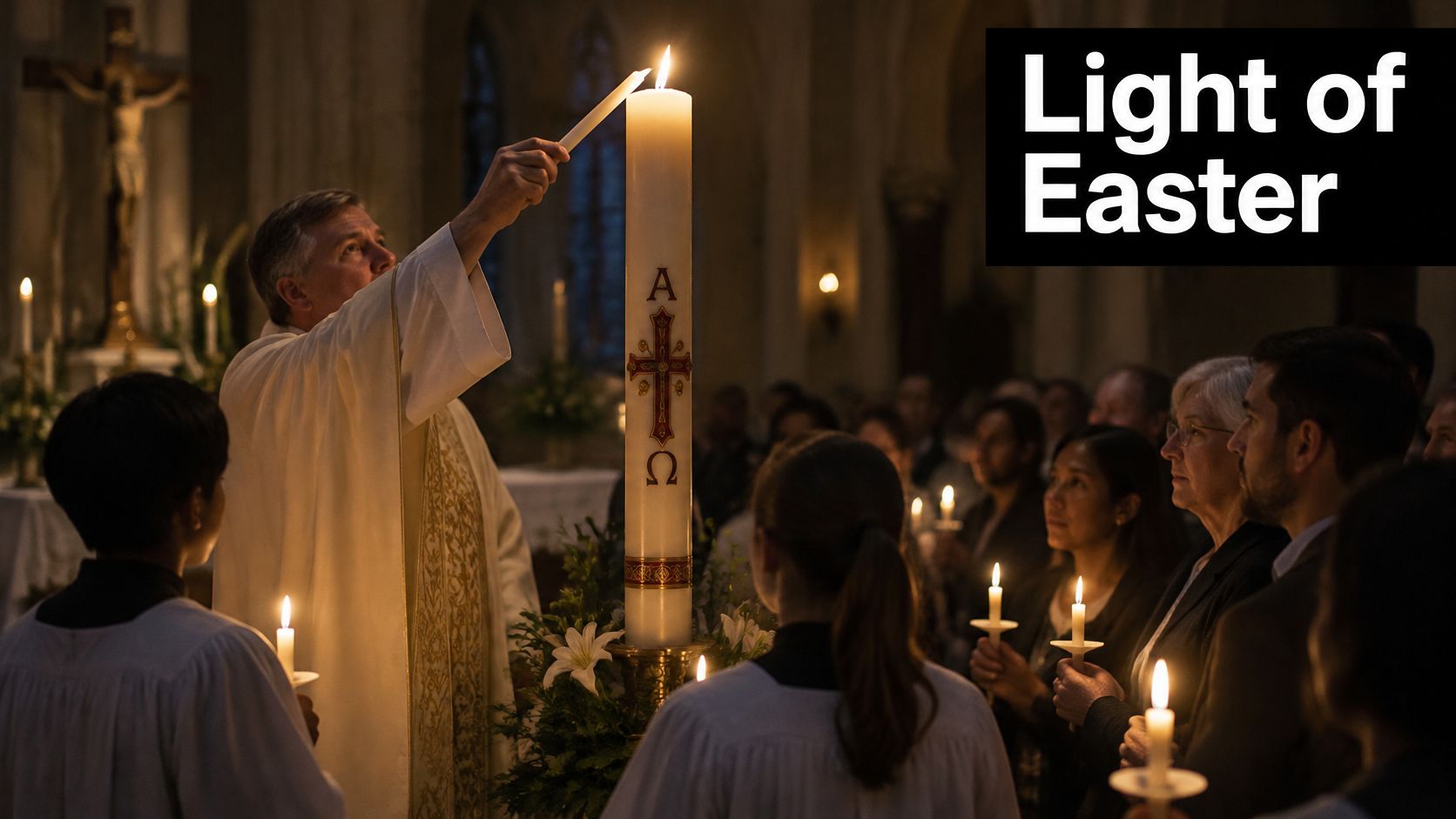A priest lighting a large Paschal candle in a dark church during an Easter vigil service.