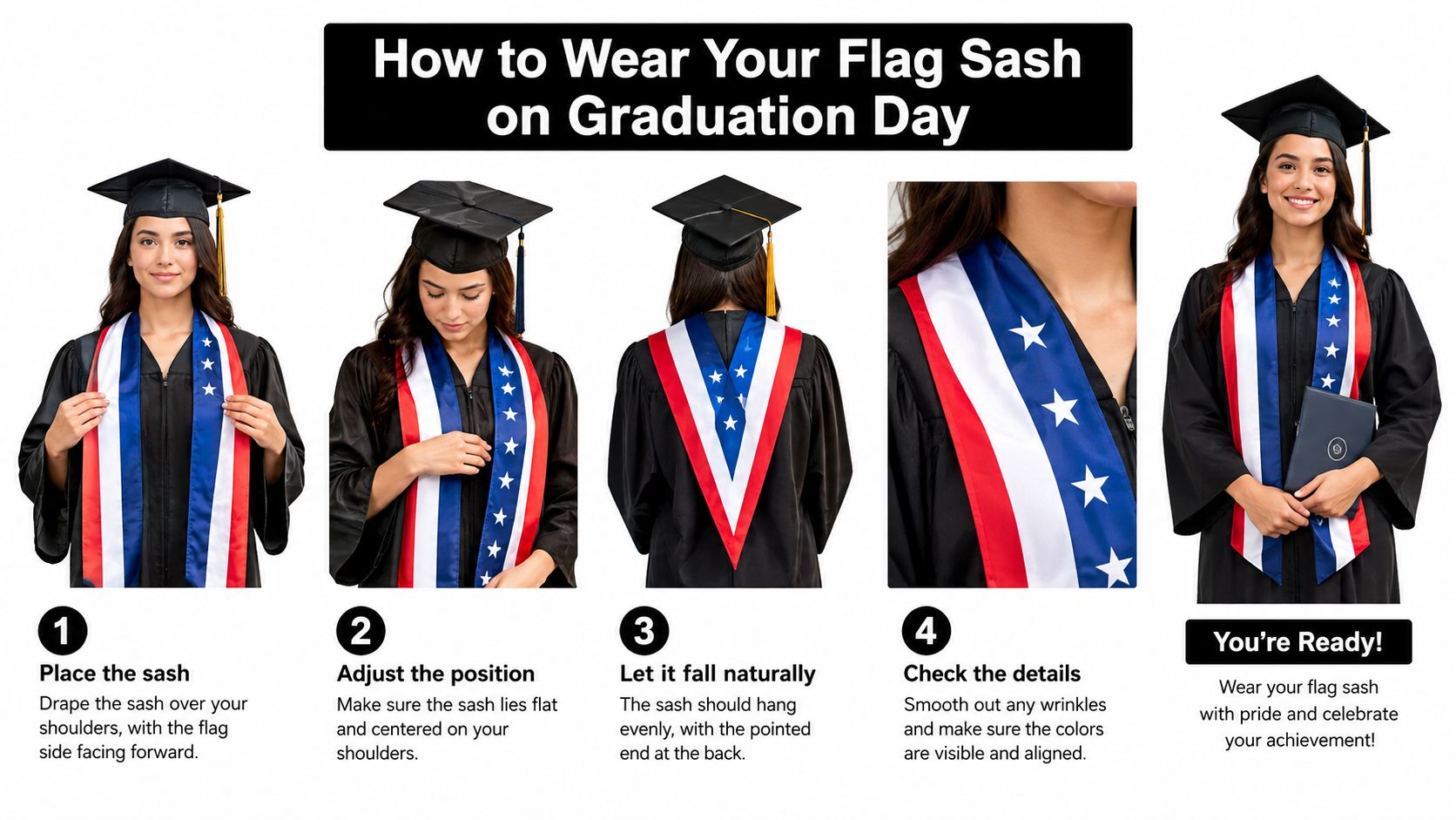 A step-by-step guide showing a graduate how to properly wear a flag sash over their gown.
