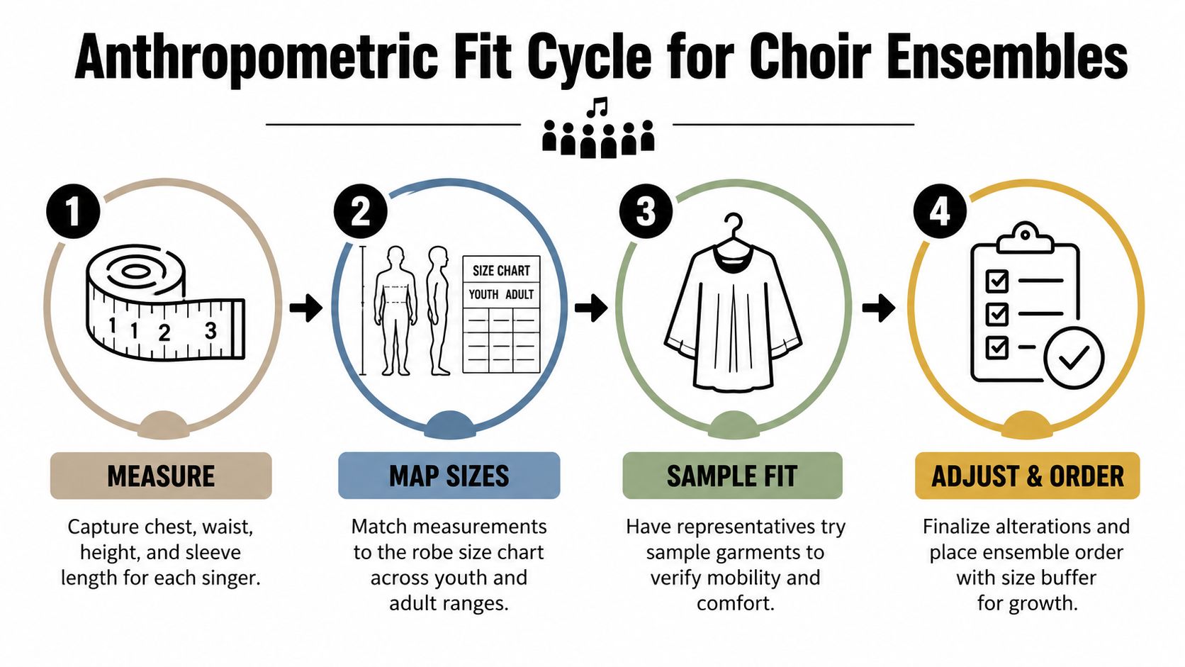 A four-step infographic illustrating the anthropometric fit cycle for choir ensemble robes, including measurement and ordering.