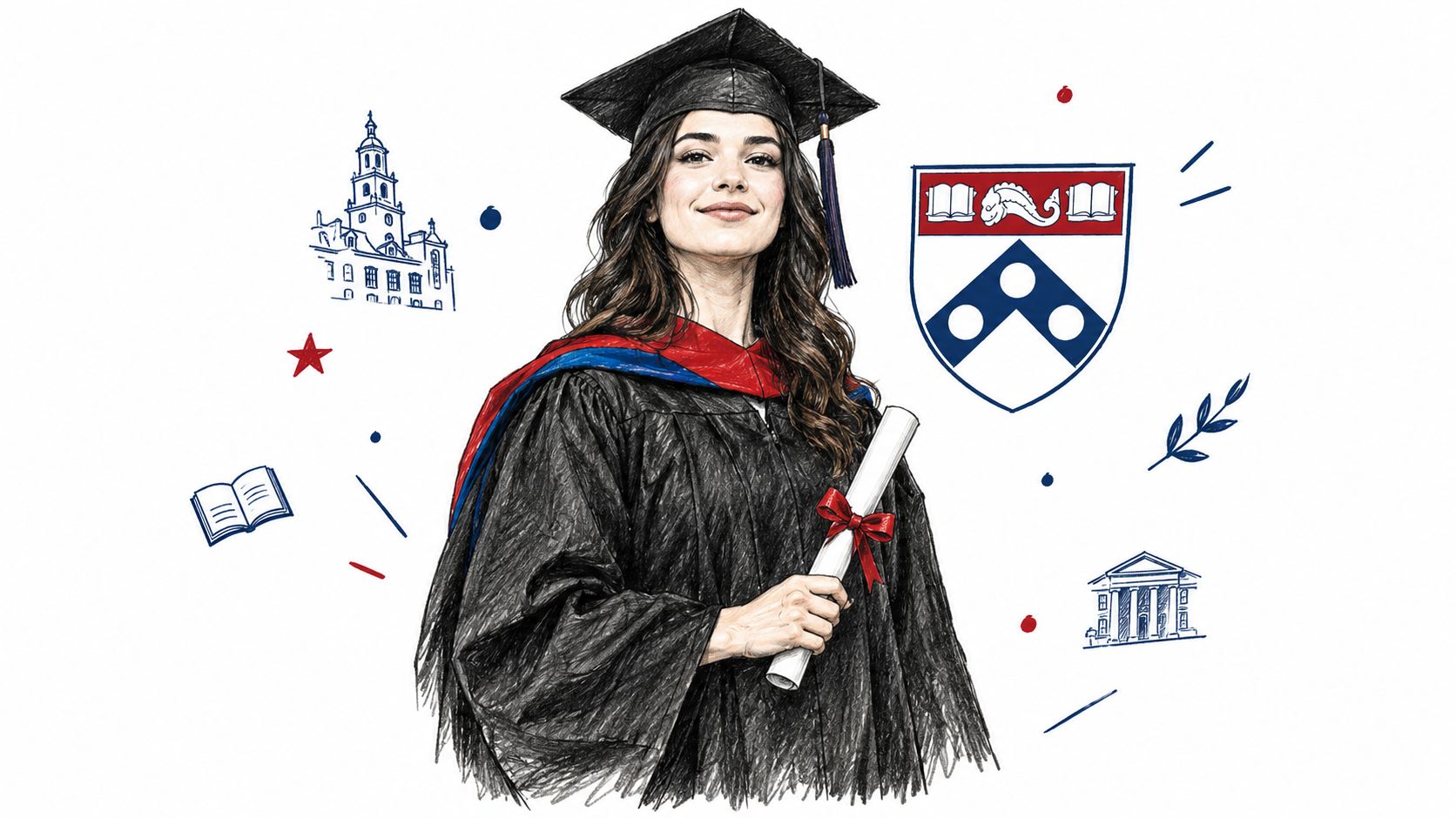 A female graduate in academic regalia holding a diploma with the University of Pennsylvania shield logo nearby.