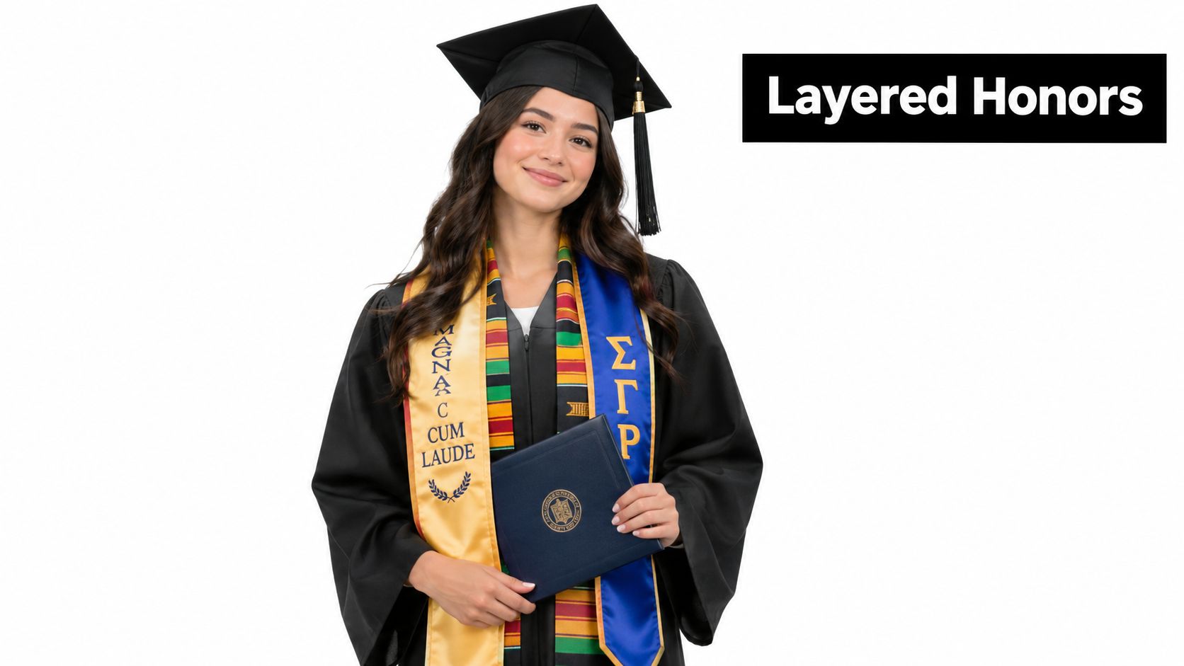 A female college graduate smiling while wearing a black cap, gown, and three layered honors stoles.