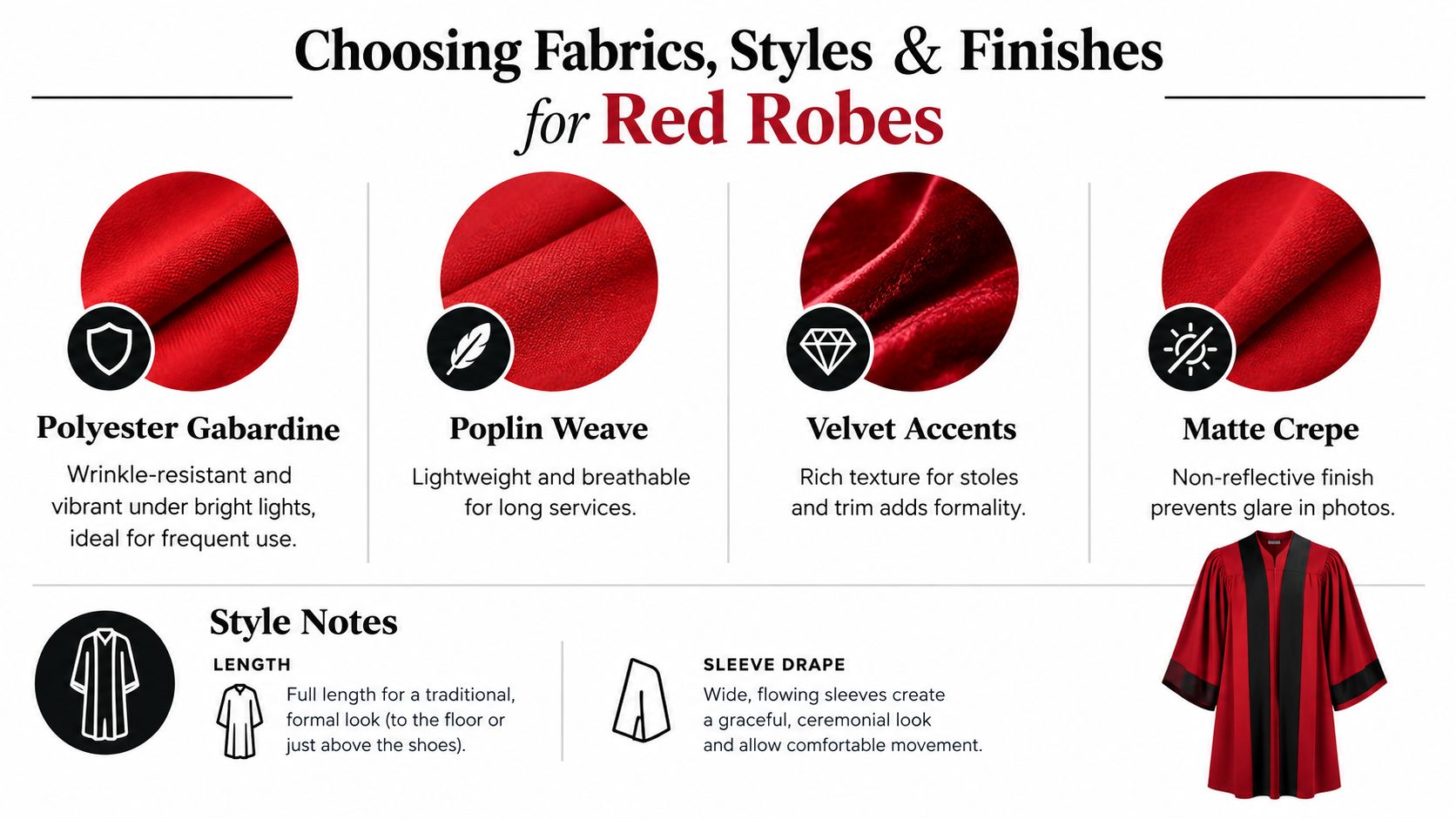 A visual guide explaining various fabric options, styles, and finishes for selecting formal red choir robes.