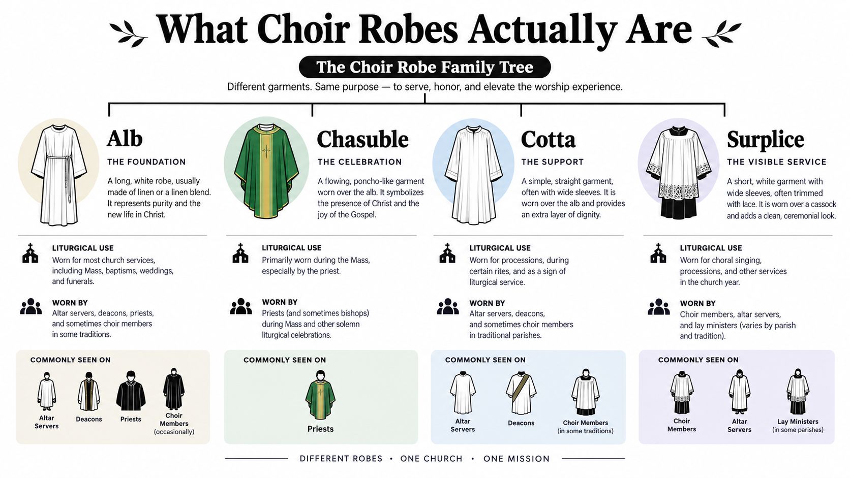 An infographic detailing the various types of choir robes and liturgical vestments used in church services.