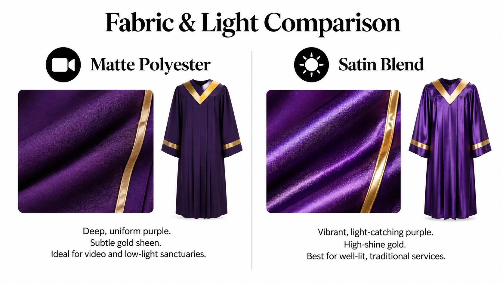 A side-by-side comparison of matte polyester and satin blend purple and gold choir robes for different lighting.