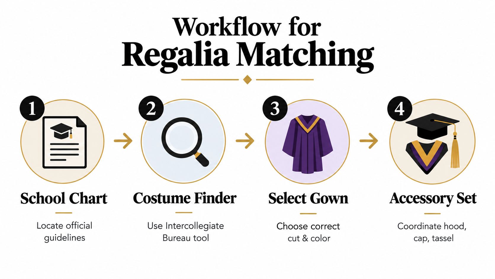 A four-step infographic illustrating the workflow for matching official academic regalia for graduation ceremonies.