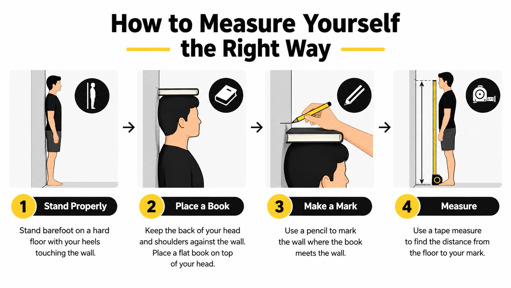 A four-step infographic illustrating the correct method to measure your height against a wall at home.