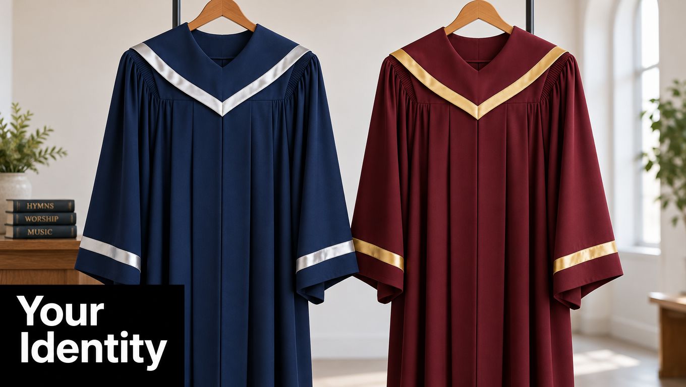 Two choir robes, one navy blue with silver trim and one burgundy with gold trim, on hangers.