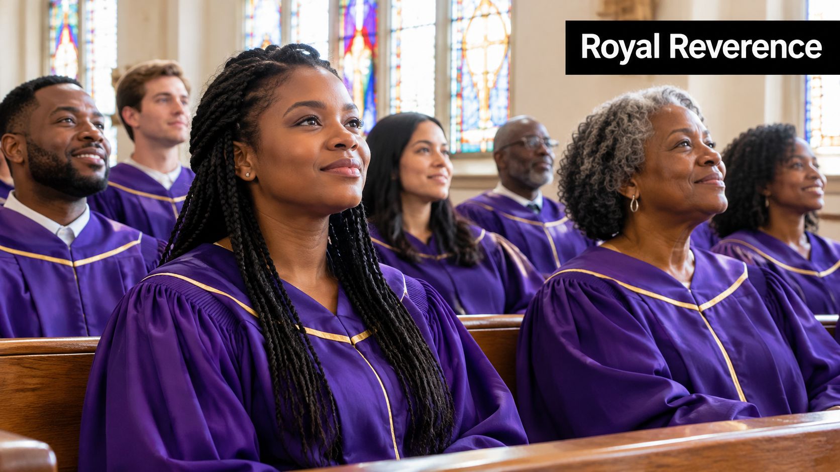 A diverse group of choir members wearing purple and gold robes sit in pews inside a church.