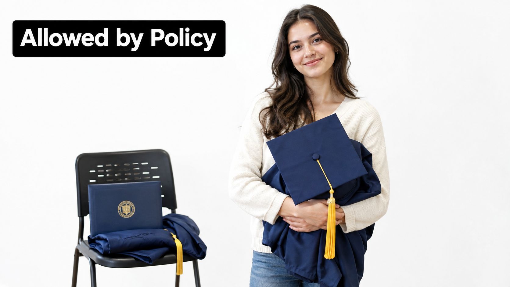 A smiling young woman holds a navy blue graduation cap and gown in front of a white background.