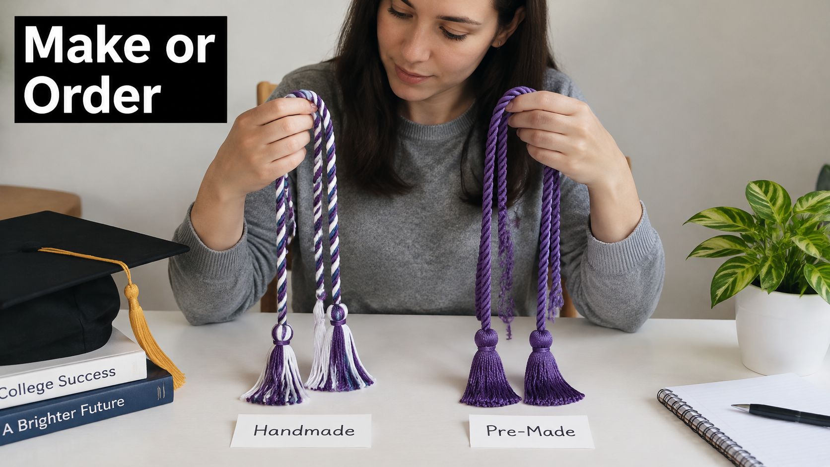 A person comparing a handmade graduation cord with a pre-made one while sitting at a desk.