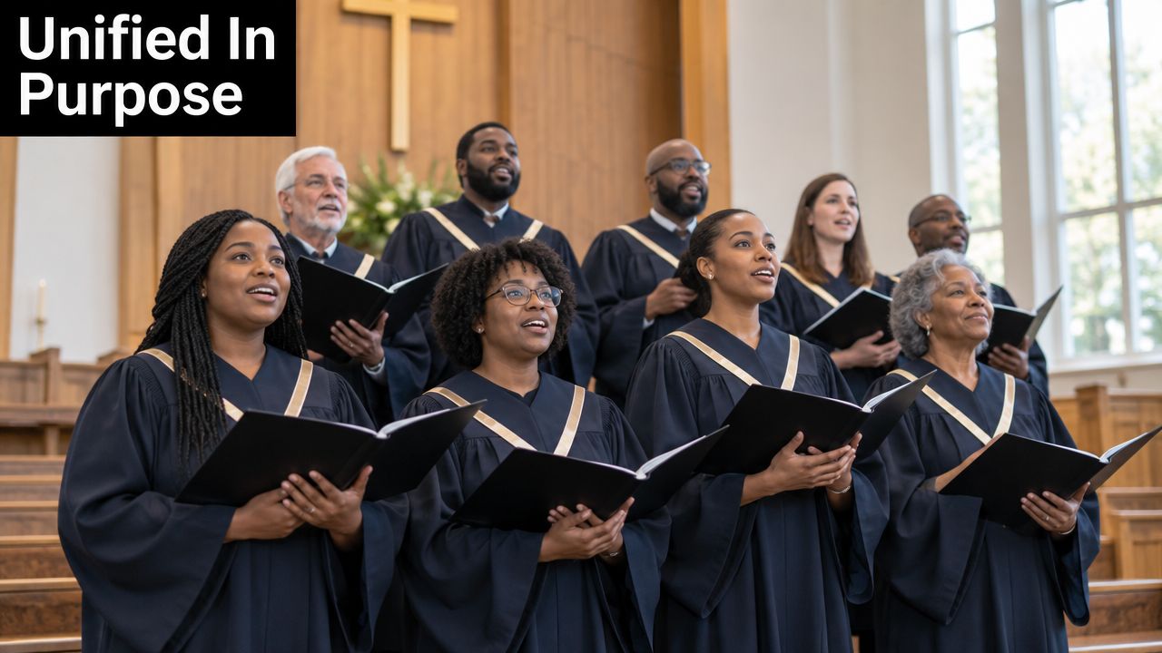 A diverse church choir wearing navy blue gowns with gold accents singing while holding music folders.