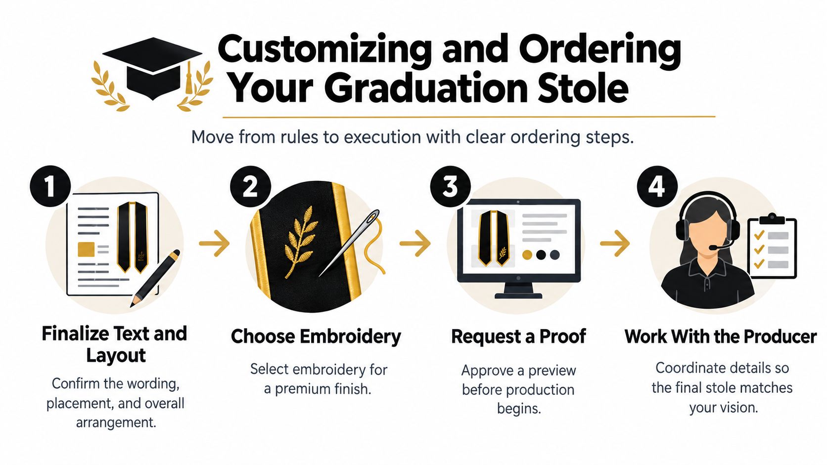A four-step infographic illustrating the process of customizing and ordering a custom graduation stole.