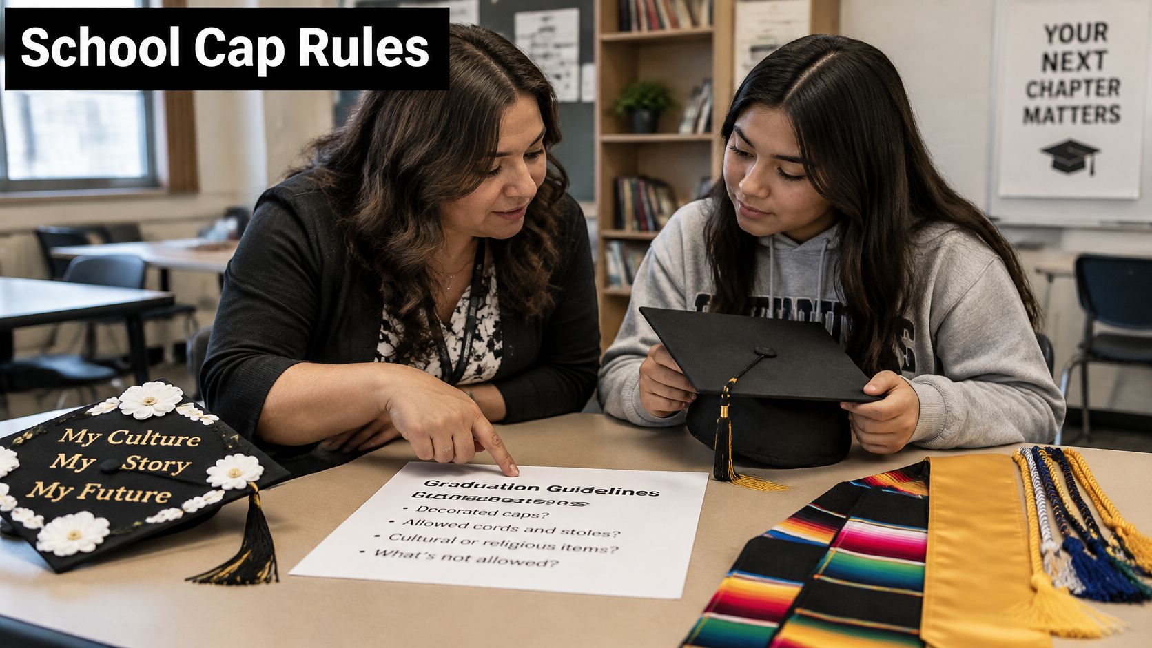 A teacher and a student reviewing graduation cap decoration guidelines in a classroom setting.