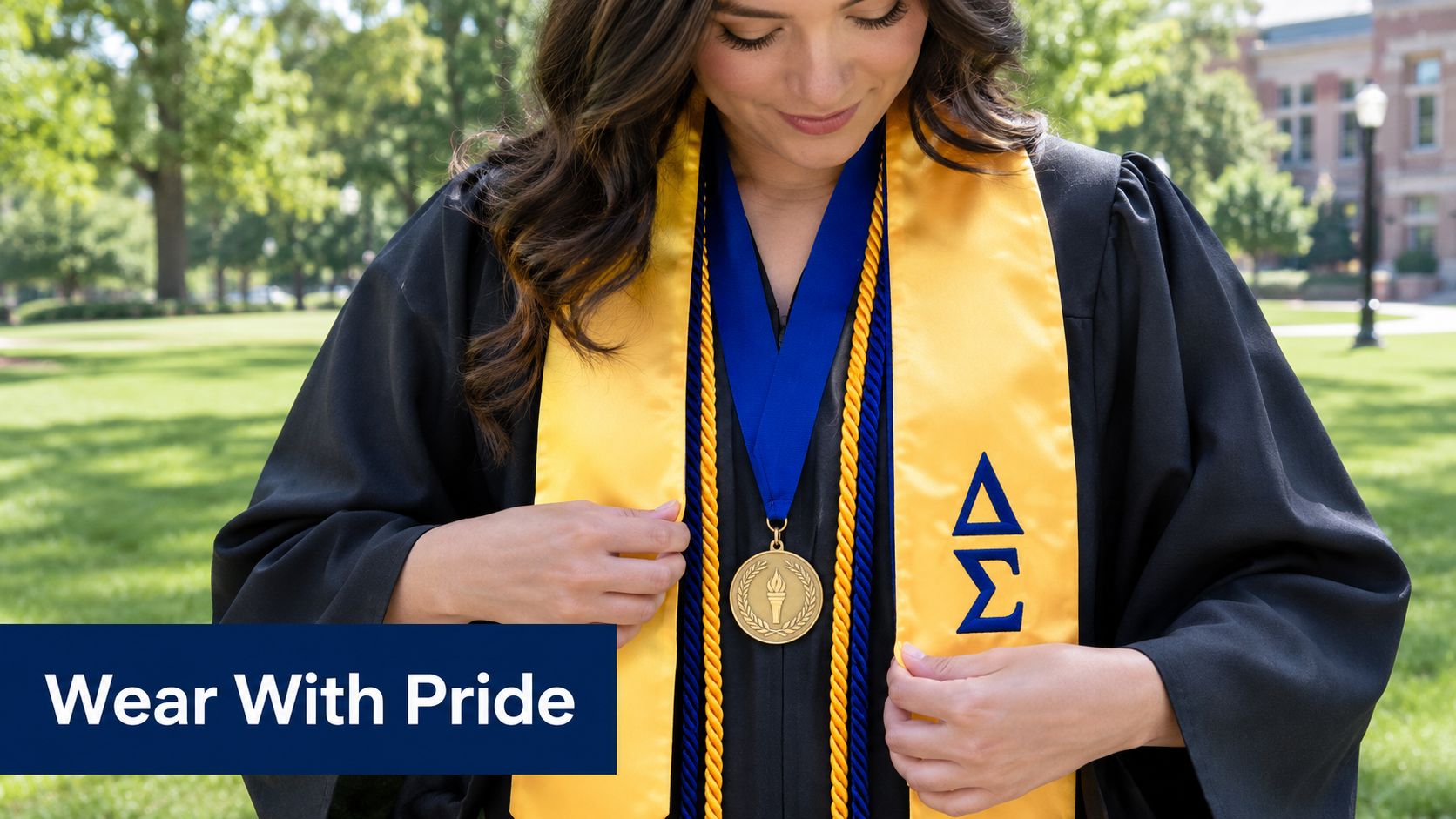 A graduate wearing a yellow stole with Greek letters and a medal over her graduation gown.