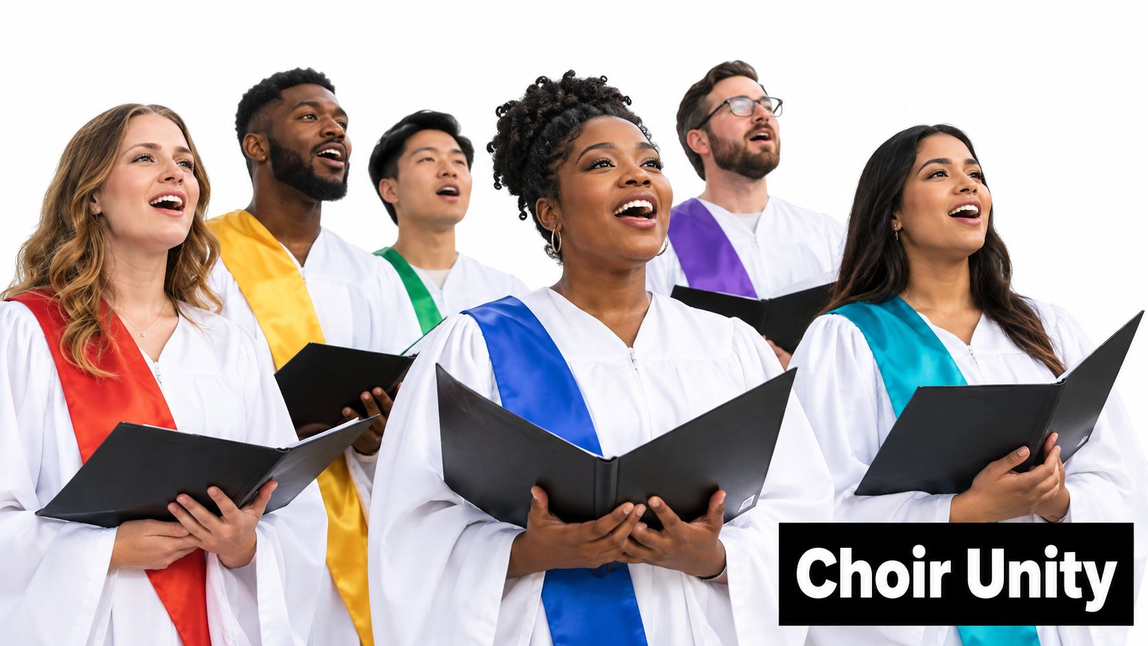 A diverse group of choir singers in white robes and colorful sashes singing while holding folders.