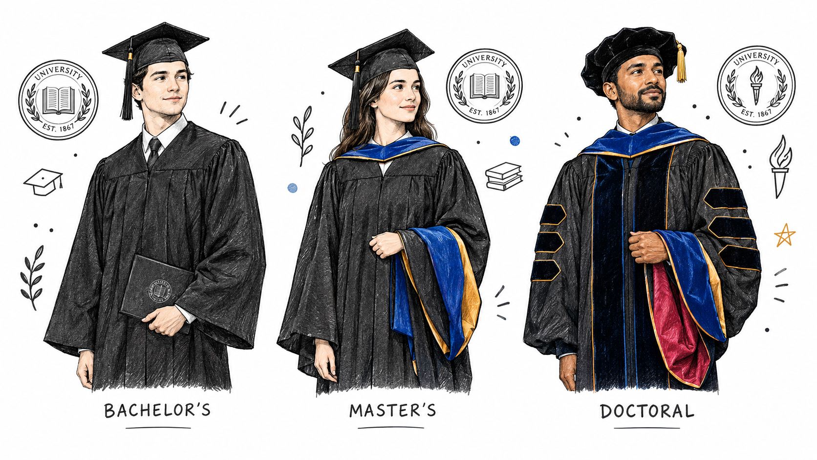 A line illustration showing three students wearing different types of academic graduation regalia for ceremonies.