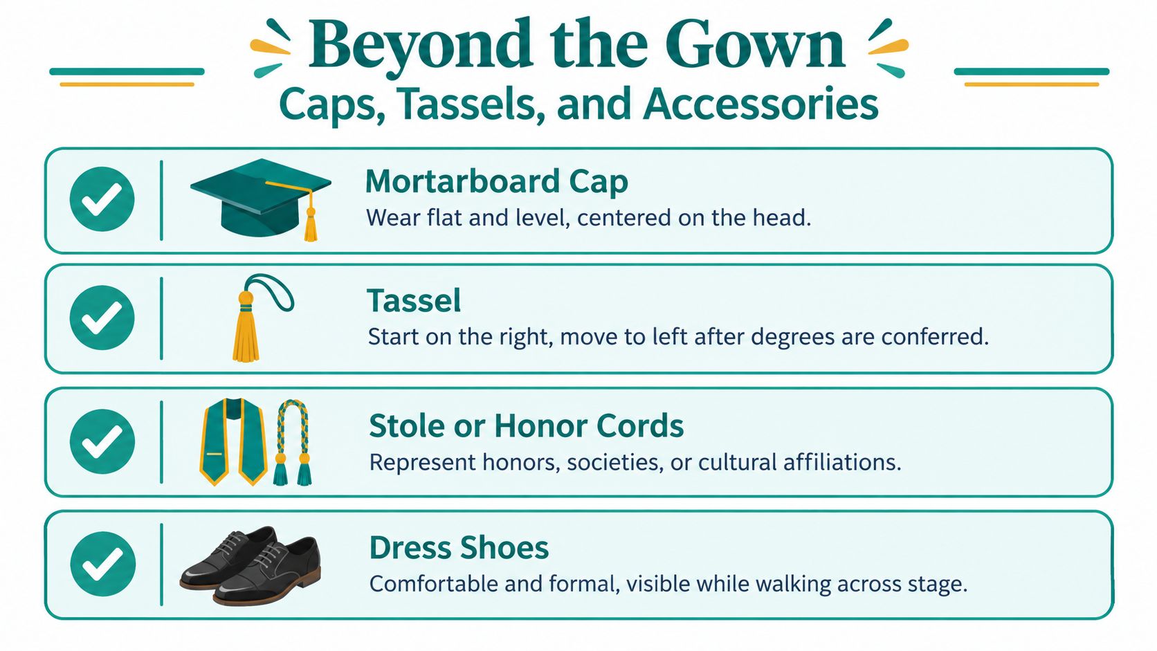 An infographic detailing essential graduation accessories including mortarboard cap, tassel, stole, honor cords, and dress shoes.