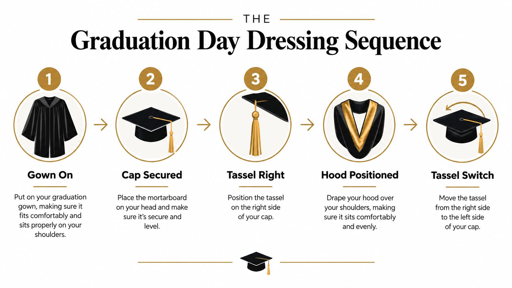 A step-by-step infographic titled The Graduation Day Dressing Sequence illustrating how to wear academic regalia.