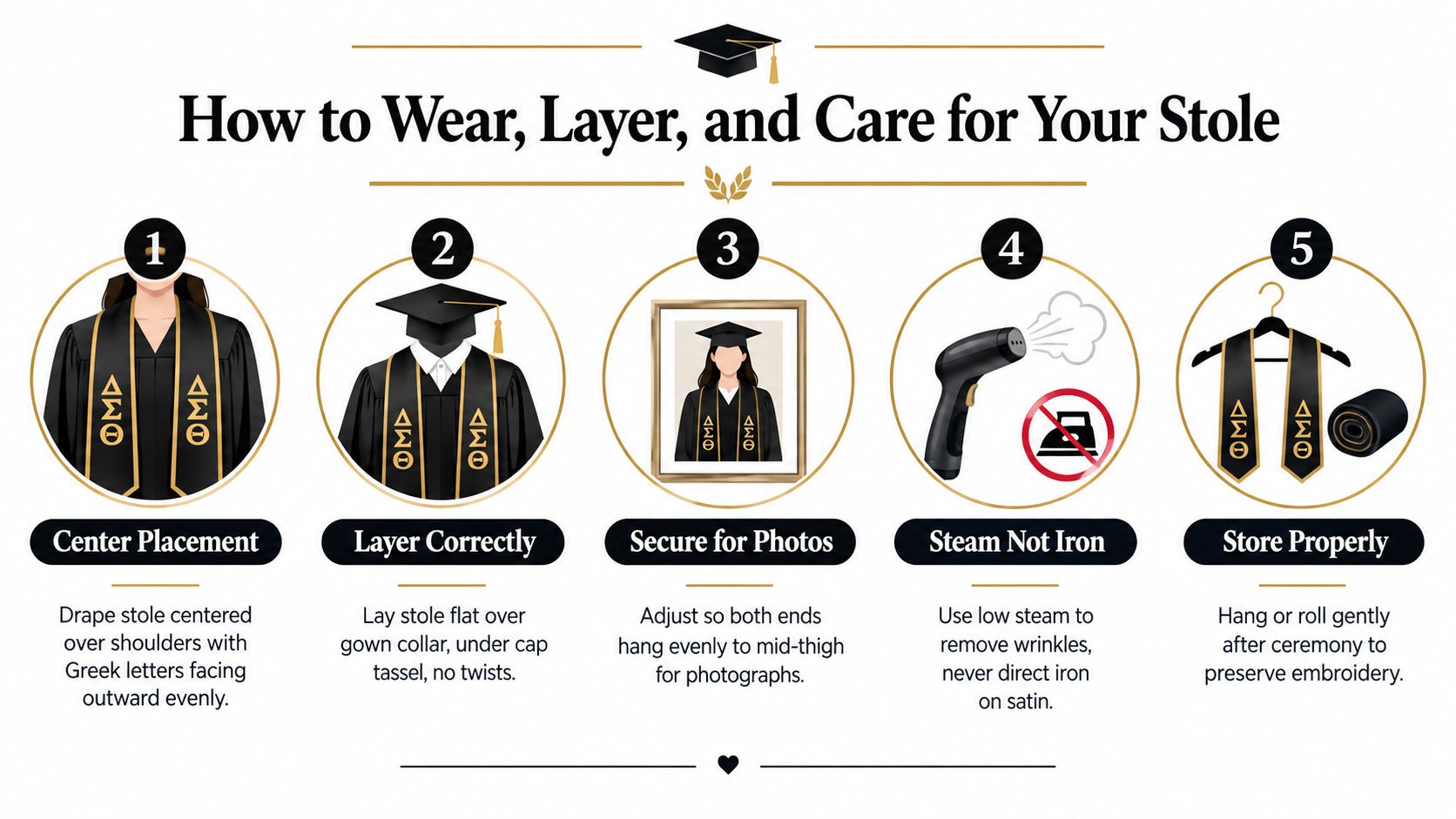 An infographic showing five steps for wearing, layering, and caring for a sorority graduation stole.