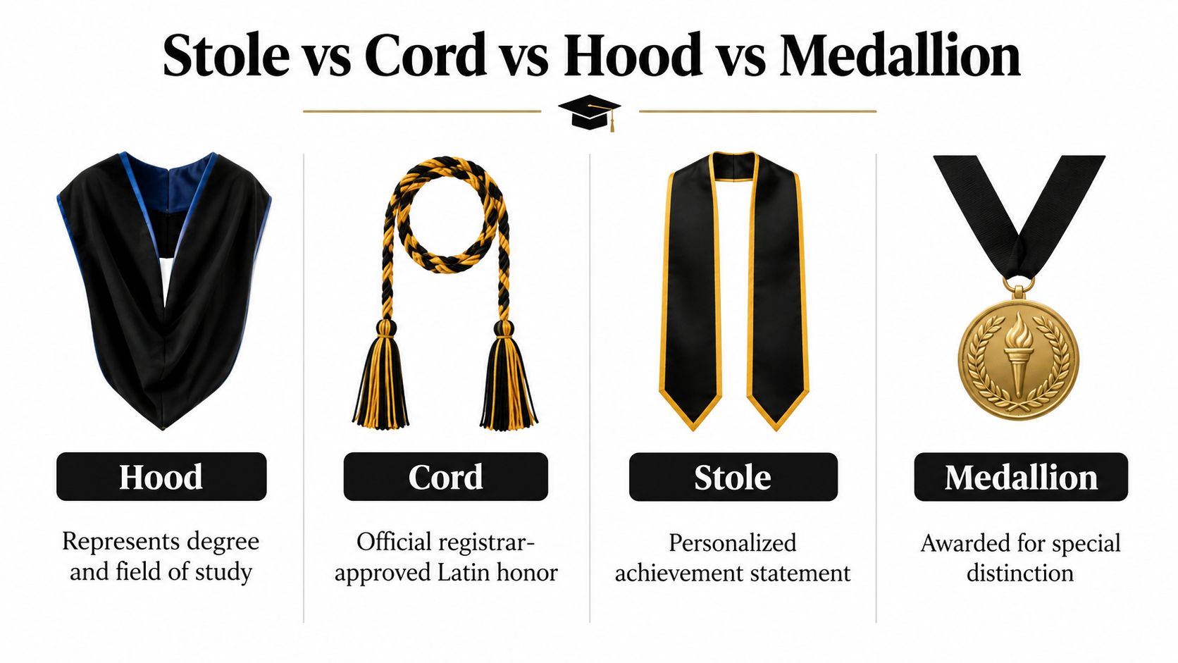 An educational graphic distinguishing graduation regalia including a hood, honor cord, stole, and a commemorative medallion.