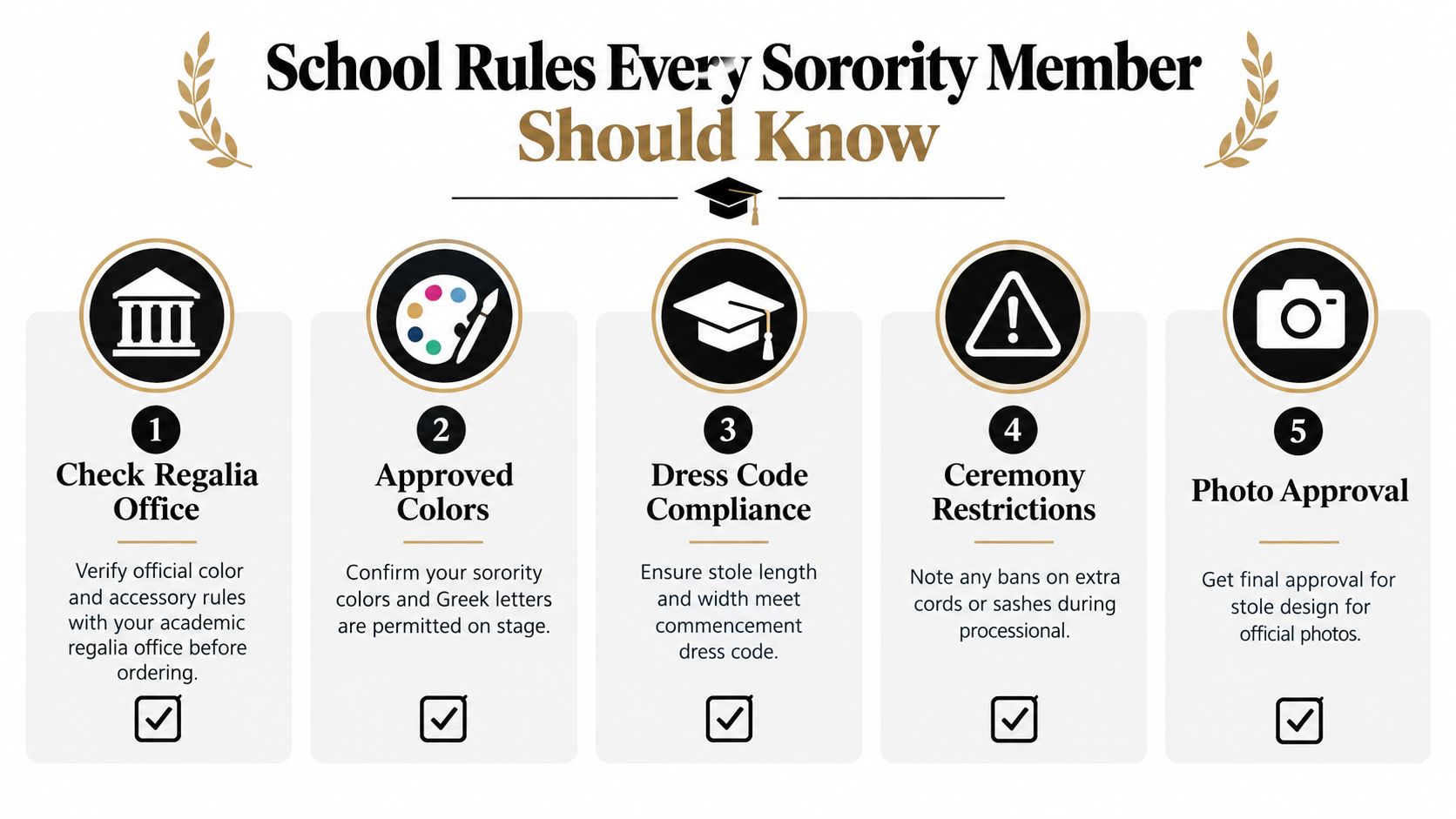 An infographic titled School Rules Every Sorority Member Should Know, featuring five steps for graduation stole regulations.