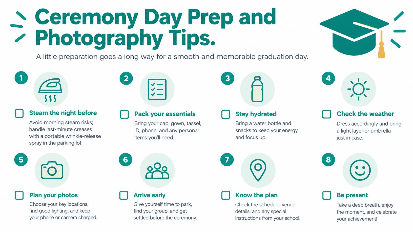 An infographic titled Ceremony Day Prep and Photography Tips providing eight essential steps for a smooth graduation day.