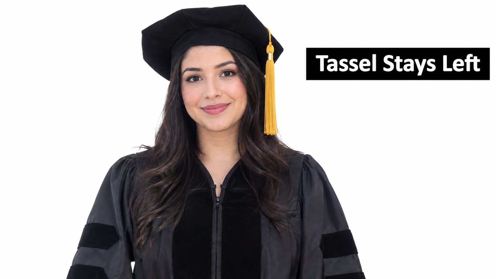 A smiling woman wearing a black velvet doctoral tam with a gold tassel on her left side.