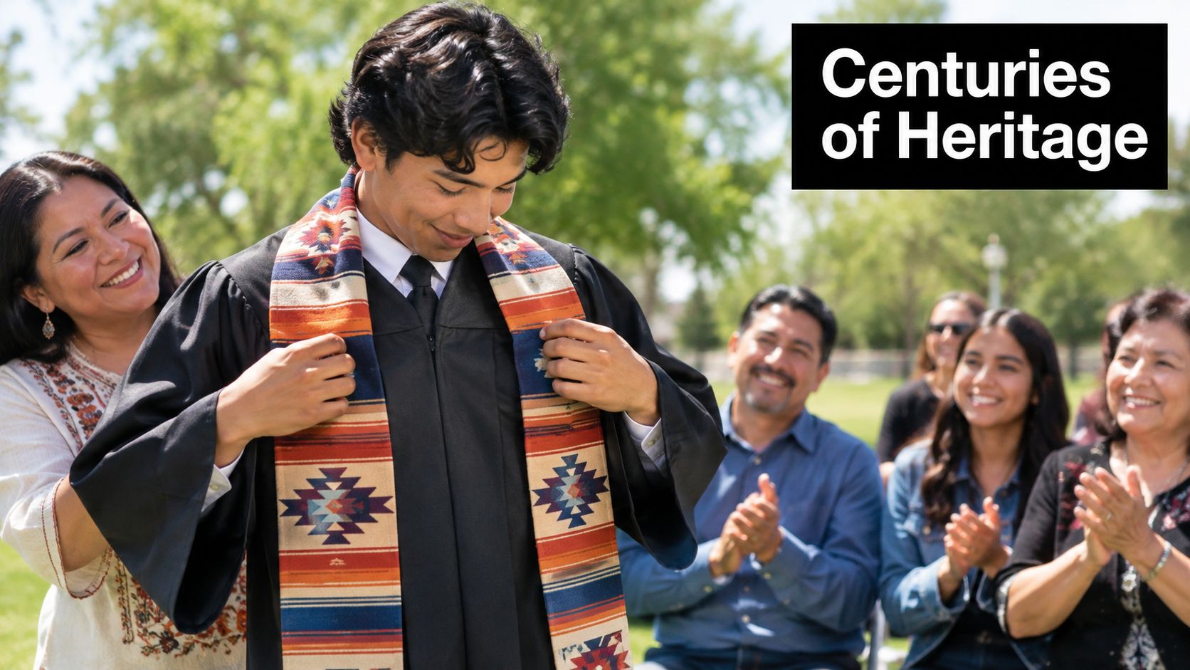 A proud mother adjusts a traditional colorful woven serape graduation stole on her son at his graduation.