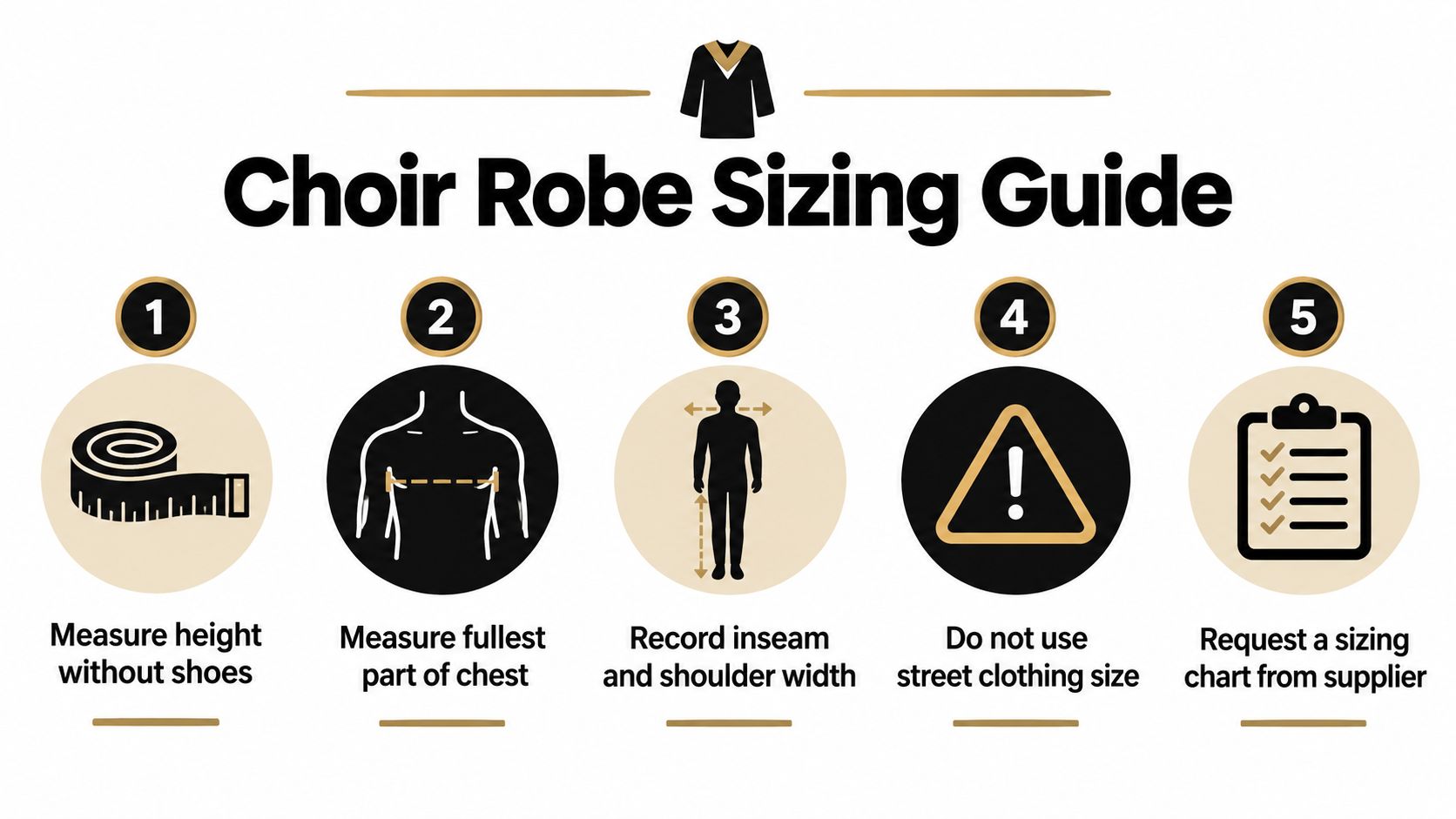 A five-step instructional guide on how to measure correctly for proper choir robe sizing.