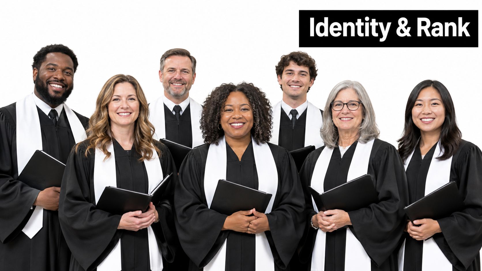 A diverse group of six choir members wearing black robes and white stoles holding music folders.