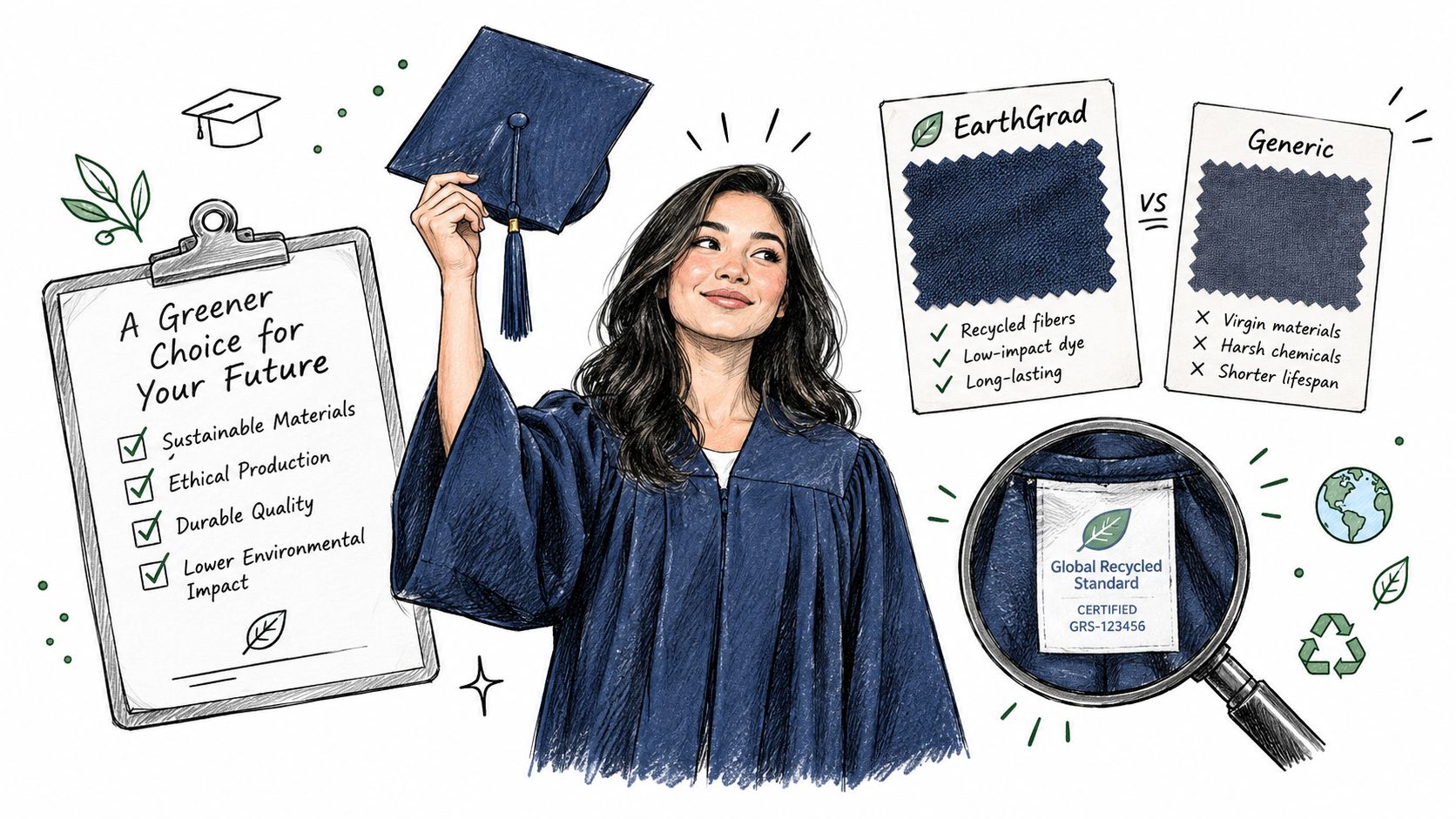 A female graduate in sustainable regalia comparing eco-friendly EarthGrad materials to generic graduation gowns.