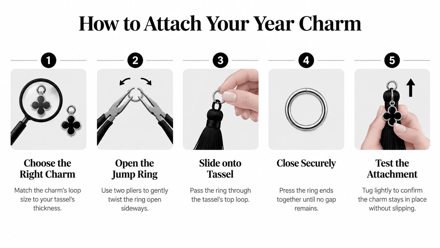 An instructional graphic demonstrating the five simple steps for attaching a metal year charm to a graduation tassel.