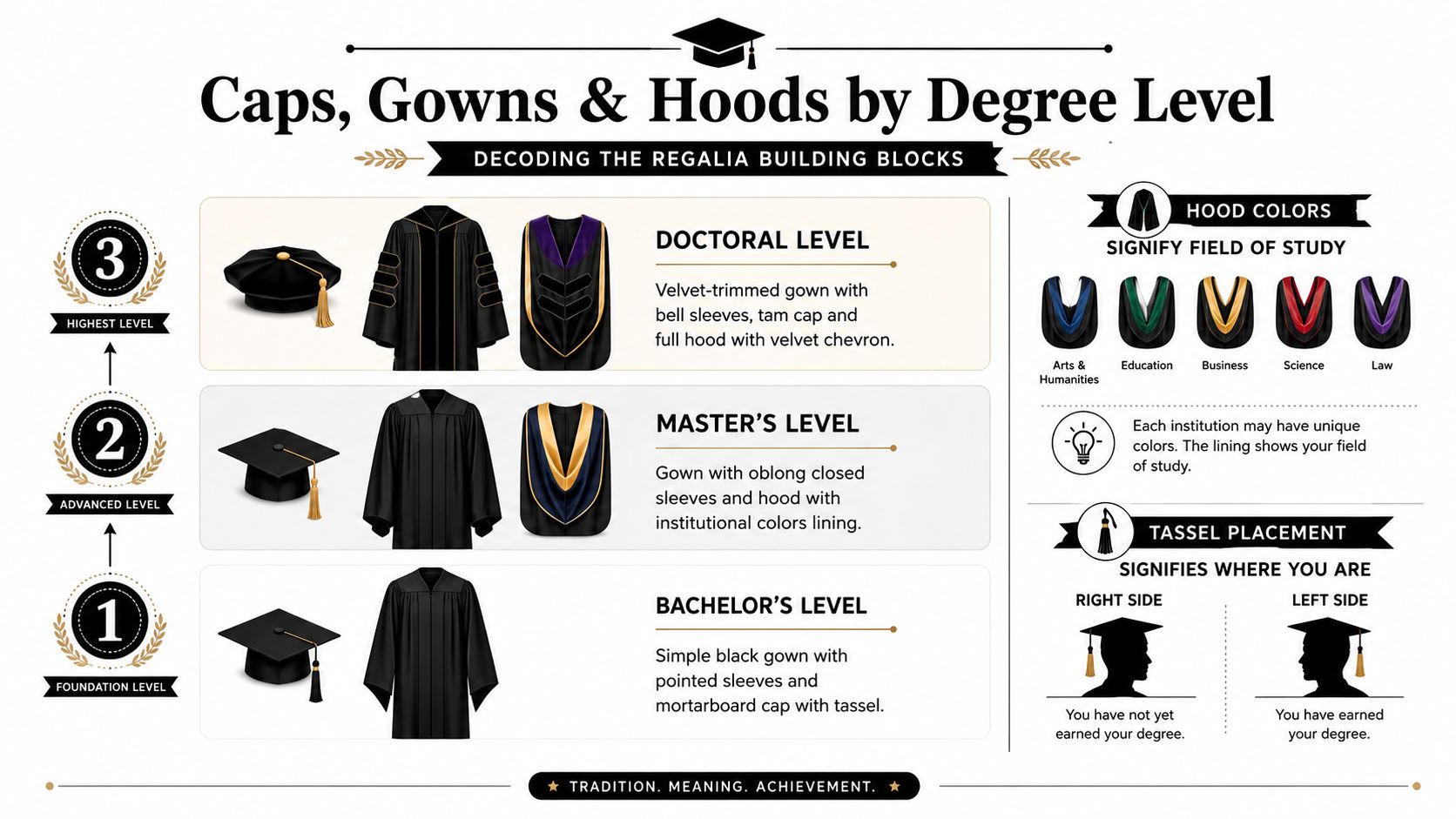 An infographic showing the differences between doctoral, master's, and bachelor's graduation regalia including caps, gowns, and hoods.