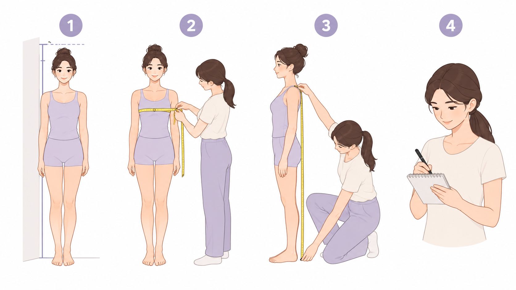 A step-by-step illustrated guide showing a woman having her body measurements taken for professional tailoring.