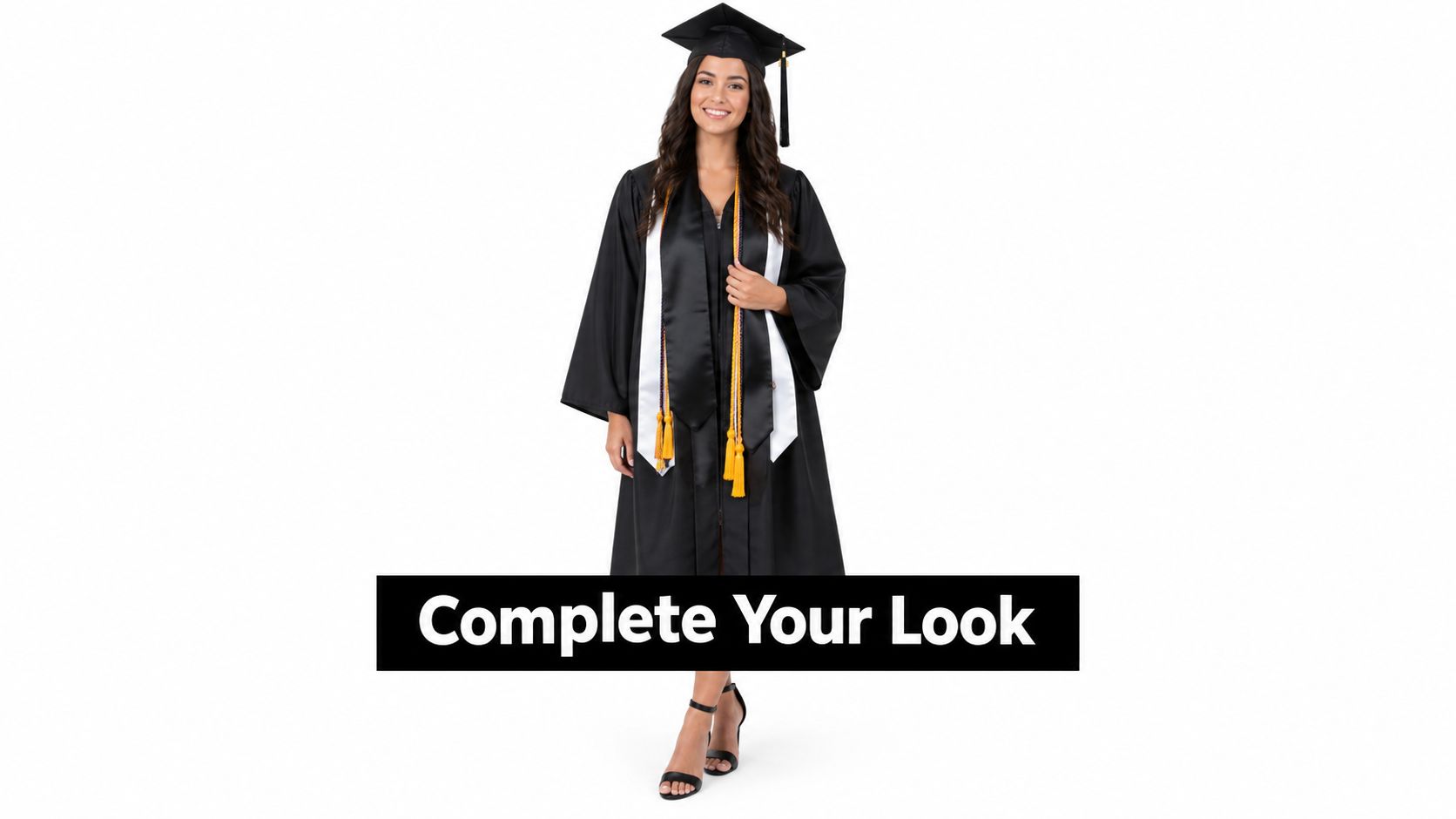 A smiling female graduate wearing a black cap and gown with a white stole and yellow tassels.