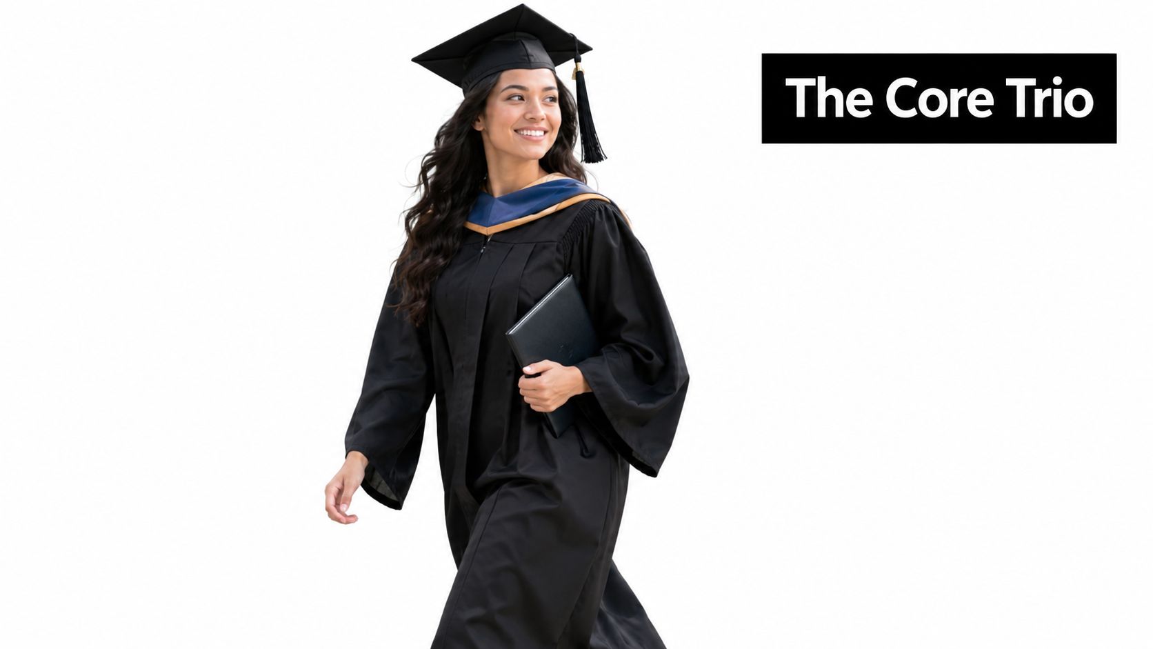 A happy young woman wearing a masters cap and gown holding her diploma against a white background.