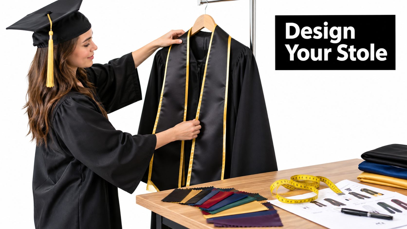 A female graduate in a gown holding a black and gold stole displayed on a clothing rack.