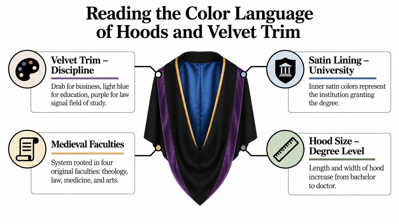An infographic explaining the symbolic meaning behind the colors and features of traditional academic graduation hoods.