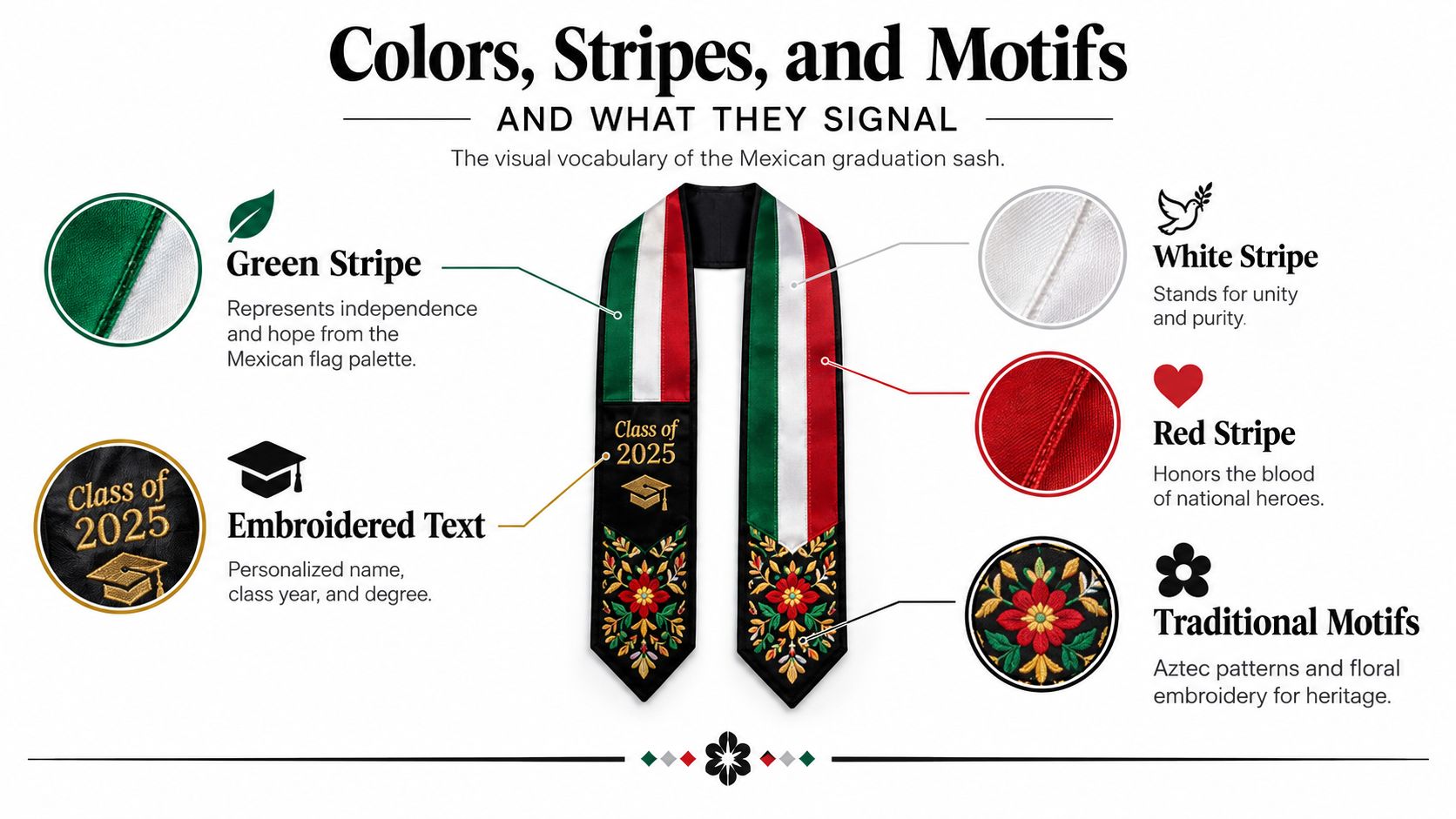 A descriptive infographic explaining the symbolic colors, stripes, and traditional motifs of a Mexican graduation sash.