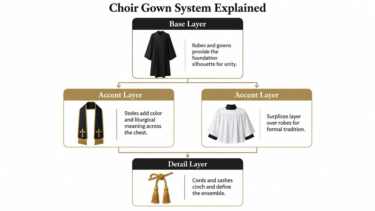 An infographic titled Choir Gown System Explained showing the layers of choir apparel: base, accent, and detail.