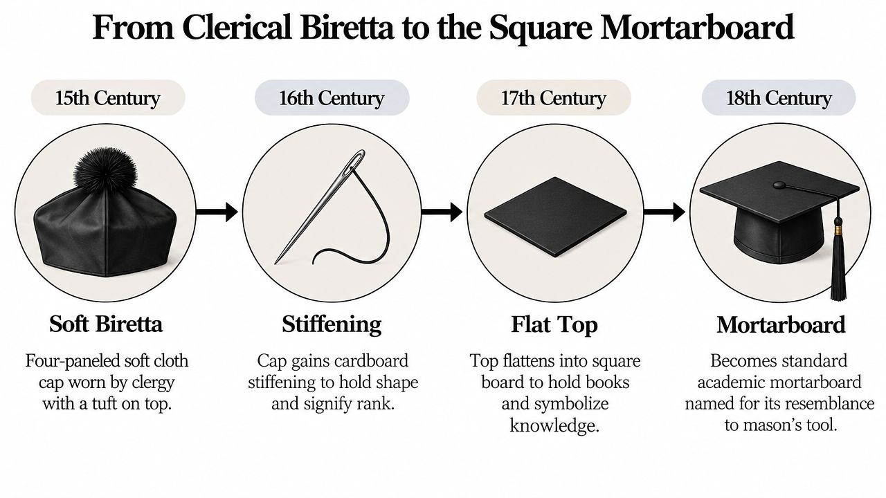 An infographic illustrating the historical evolution of the academic square mortarboard from a 15th-century soft clerical biretta.