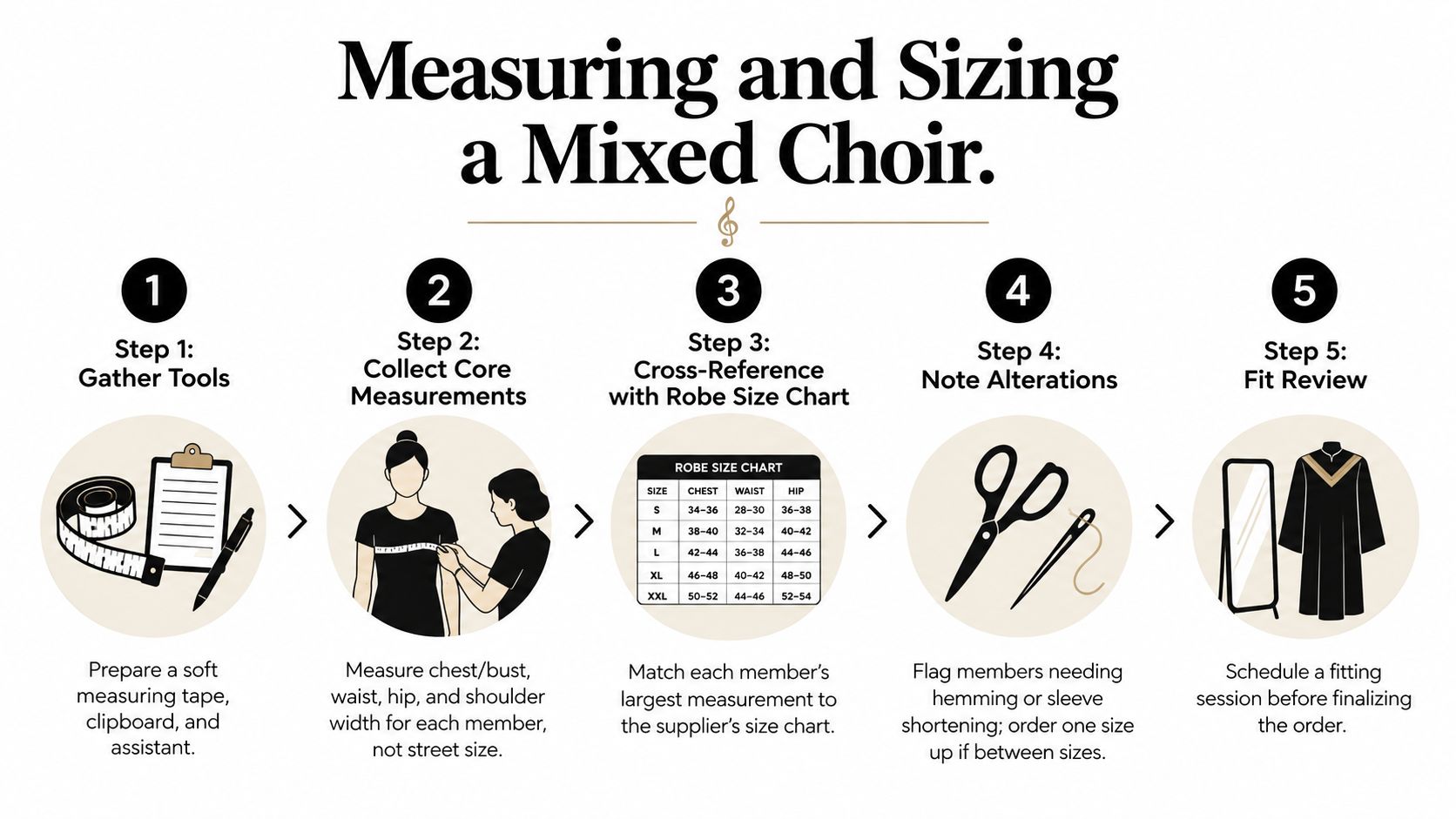 A five-step infographic showing the process for measuring and sizing a choir group for custom robes.