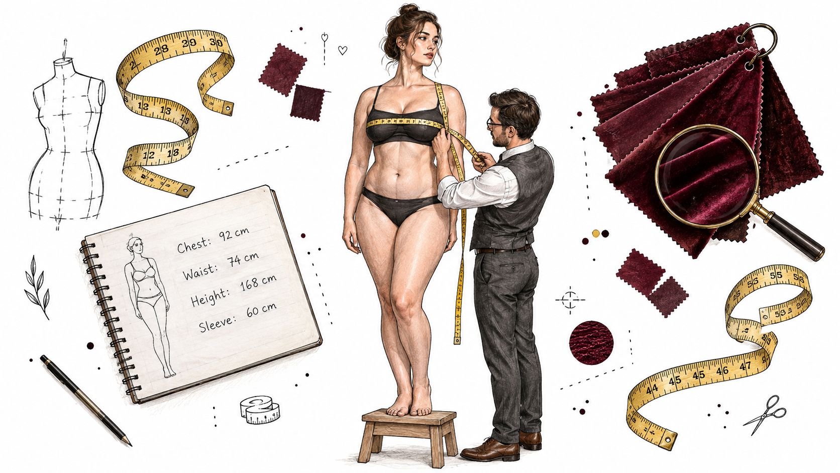 A professional tailor measures a woman in black lingerie for custom clothing production in his studio.